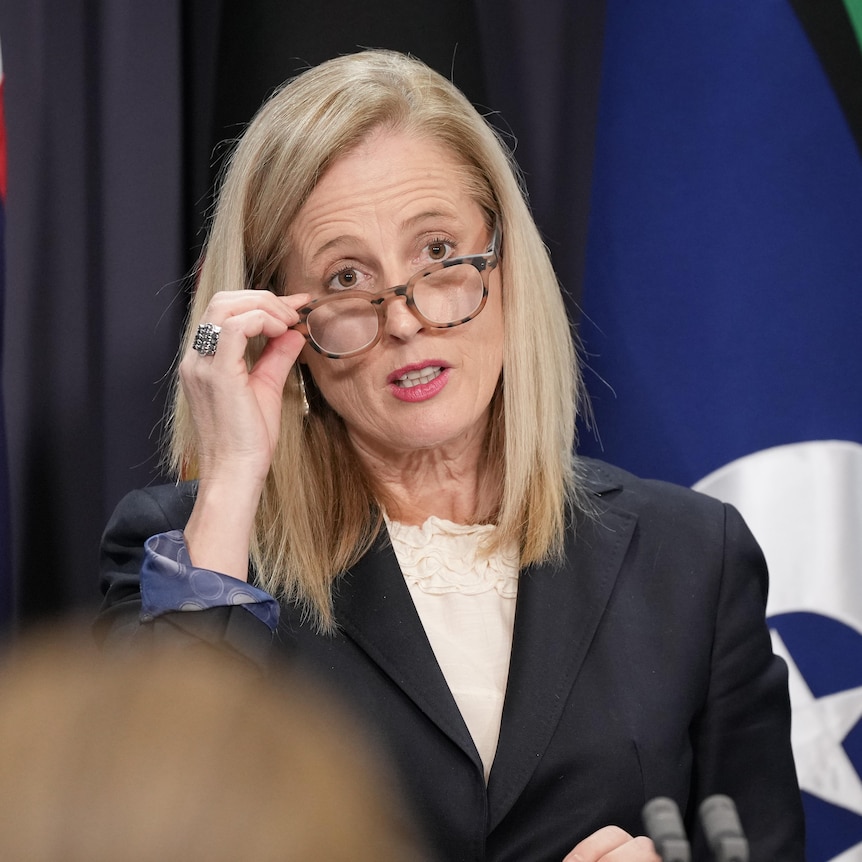 Gallagher adjusts her glasses with one hand as she looks at a group of journalists from behind a lectern.