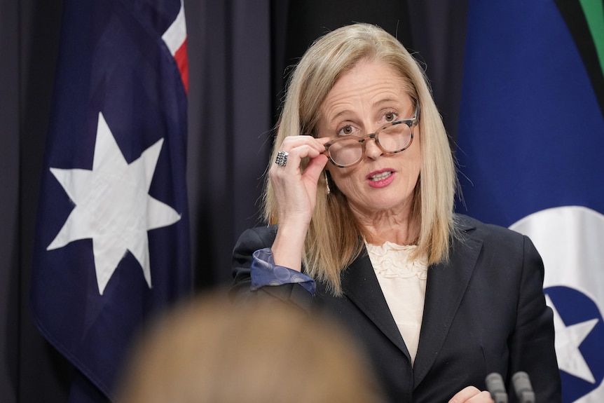 Gallagher adjusts her glasses with one hand as she looks at a group of journalists from behind a lectern.