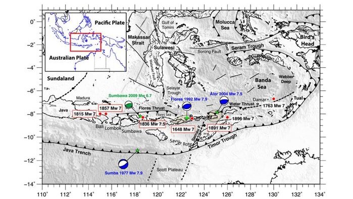 Earthquake hazards along plate boundaries near Indonesia