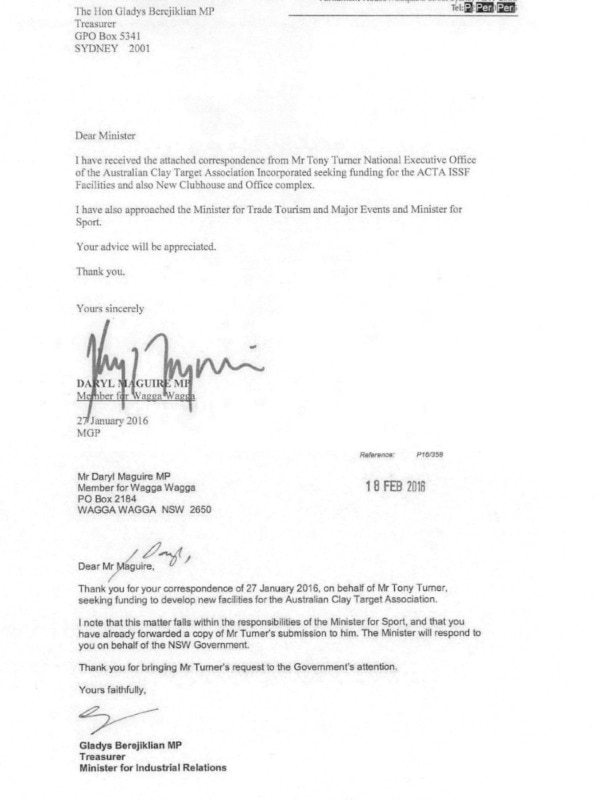 Letters from Daryl Maguire to Gladys Berejiklian and her response.