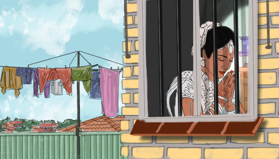 An illustration shows a Hindu woman praying, a clothesline in the yard outside her window.
