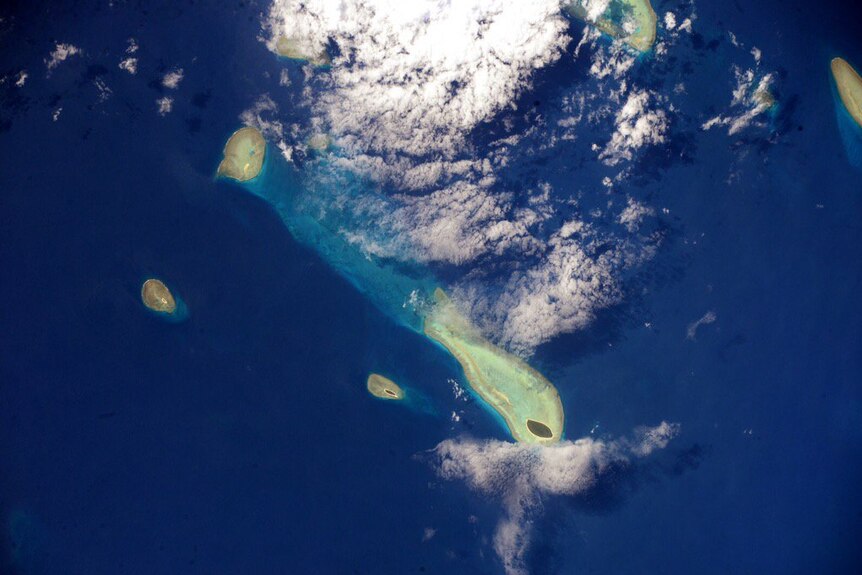 Islands and sea in the Great Barrier Reef seen from space