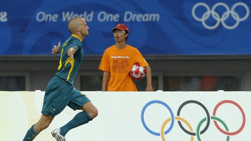 Ruben Zadkovich celebrates after scoring for the Olyroos