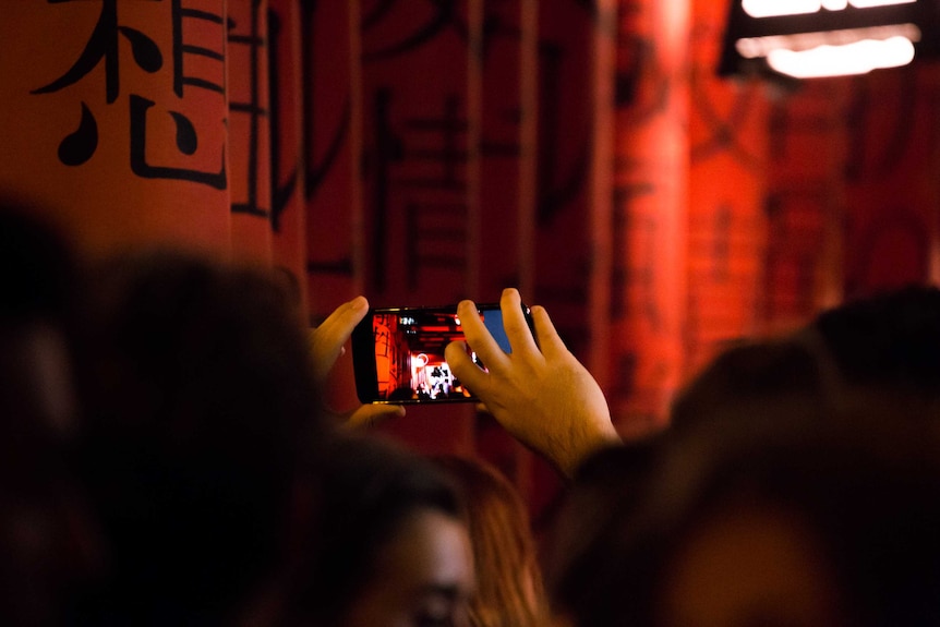 Person using a smartphone at a concert