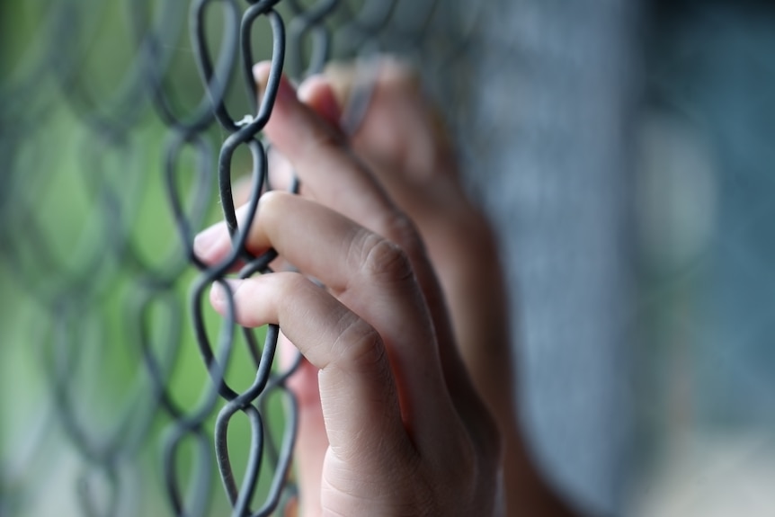 Hands clasping at a fence.