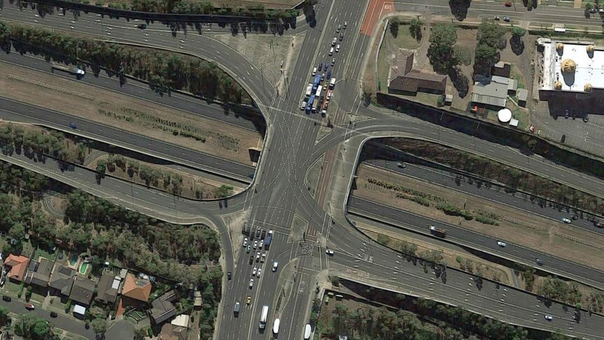 A complicated intersection, seen from above.
