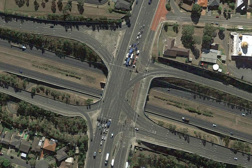 A complicated intersection, seen from above.