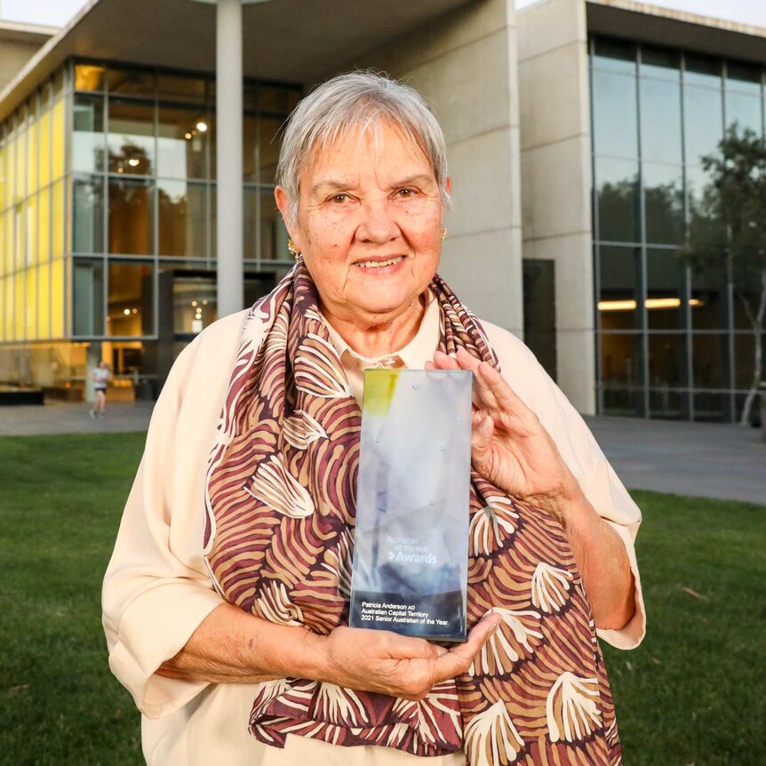 2021 ACT Senior Australian of the Year, Pat Anderson with her award outside National Gallery of Australia.