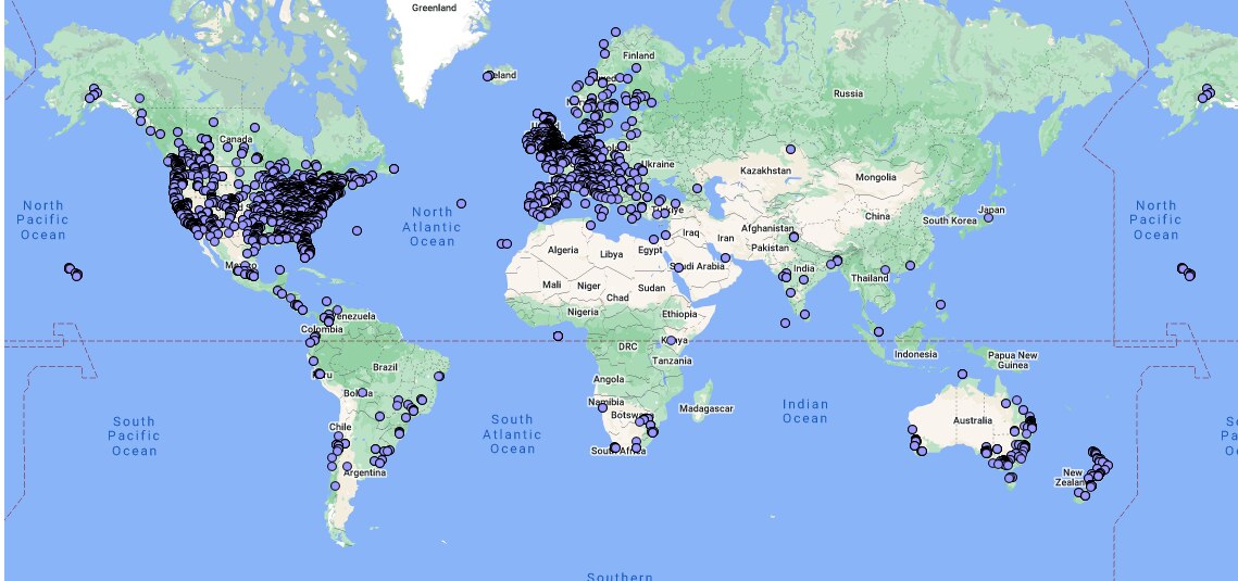 A world map with dots marking data sets