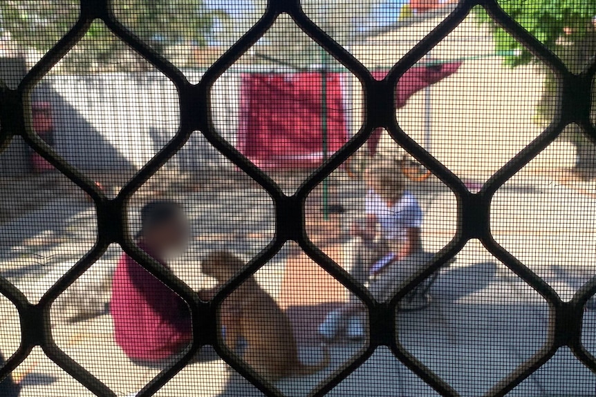 Blurry image of woman and man and dog sitting in a backyard shot through a securty door.