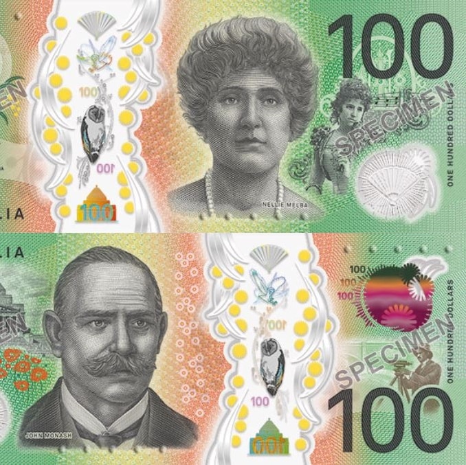 The front and back of a $100 note featuring wattle flowers