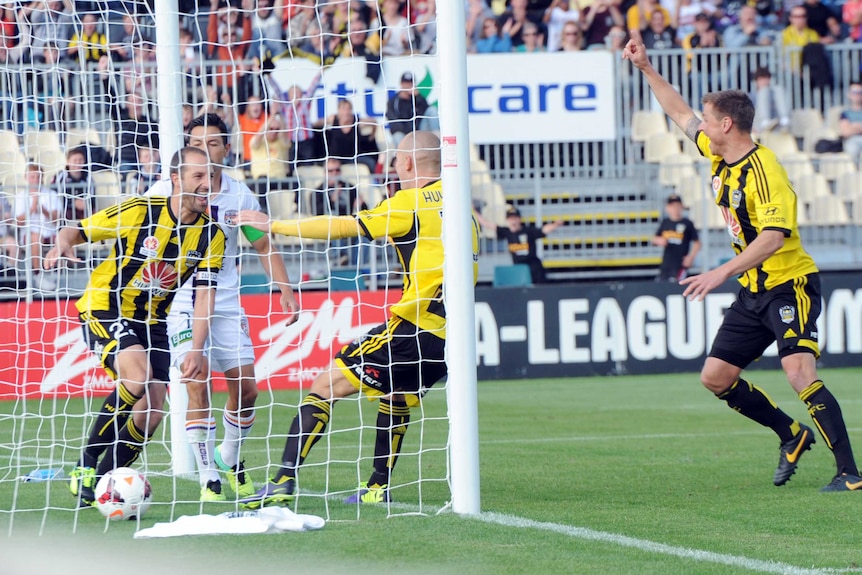 Andrew Durante scores the opening goal for Wellington against Perth in Christchurch.