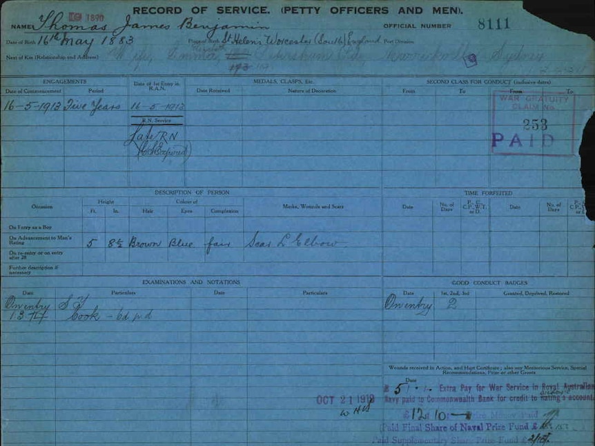 Able Seaman Jack Jarman's service personnel card from HMAS AE1 lost at sea in September 1914.