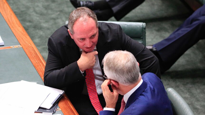 Malcolm Turnbull and Barnaby Joyce consult in the House of Representatives.