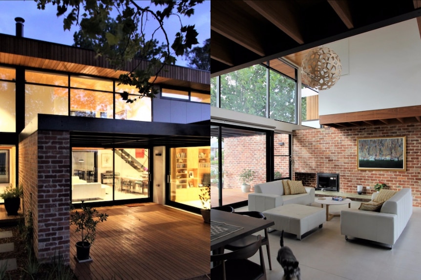 An external view of the front house and an internal view of the loungeroom.