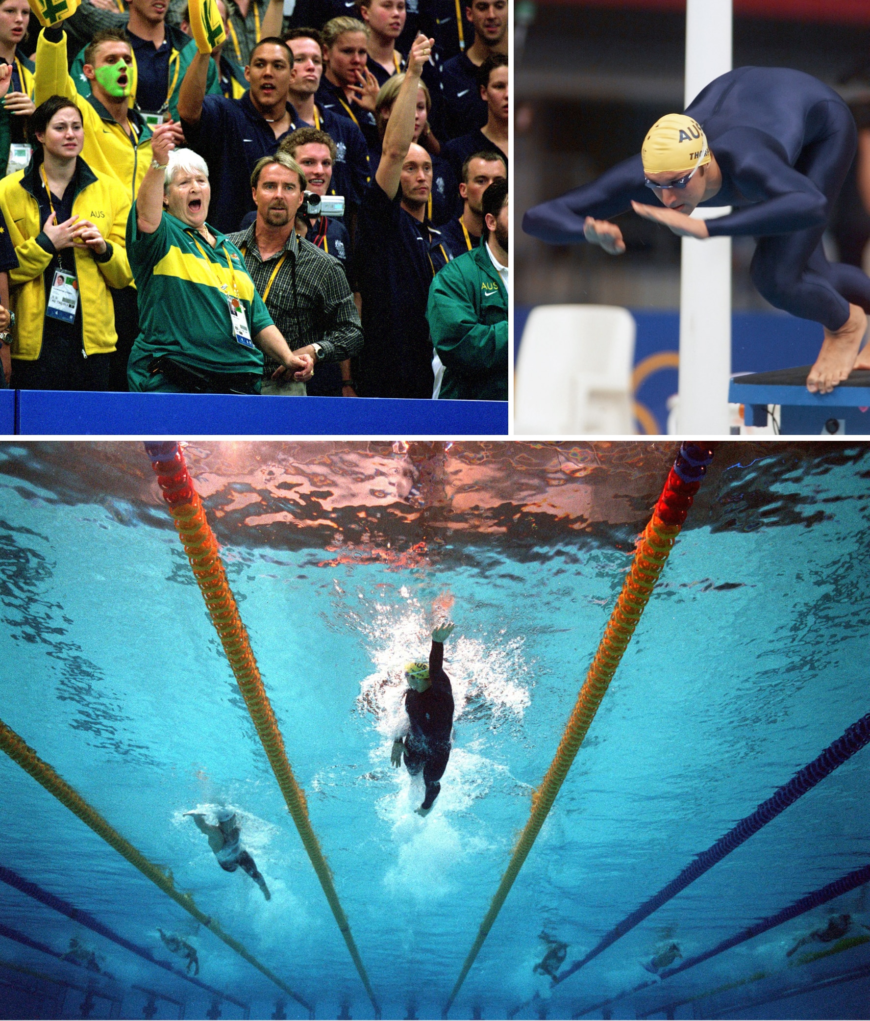 Dawn Fraser and spectators cheering. Ian Thorpe mid-dive. An underwater angle of Thorpe swimming.