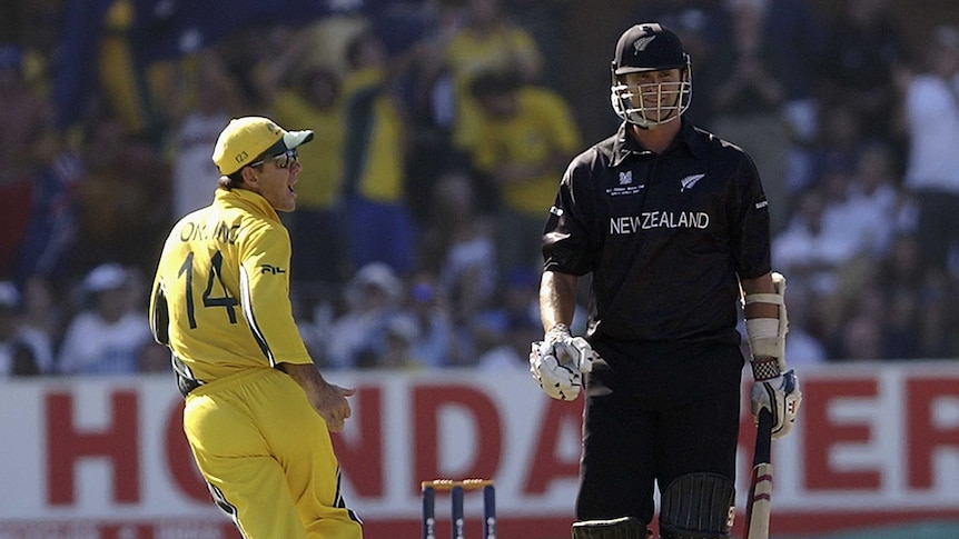 Ricky Ponting gives Chris Cairns a send off