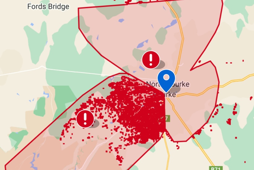 A map showing the location of Telstra outages in country NSW.