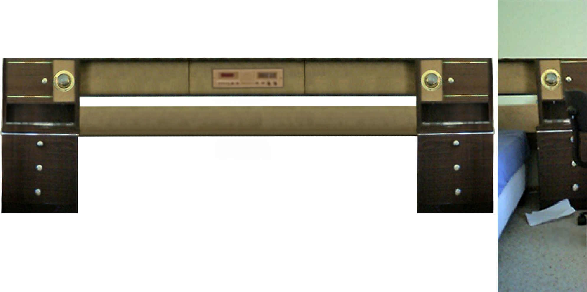 Uma imagem censurada mostrando um rádio na cabeceira da cama ao lado de uma mesa. 