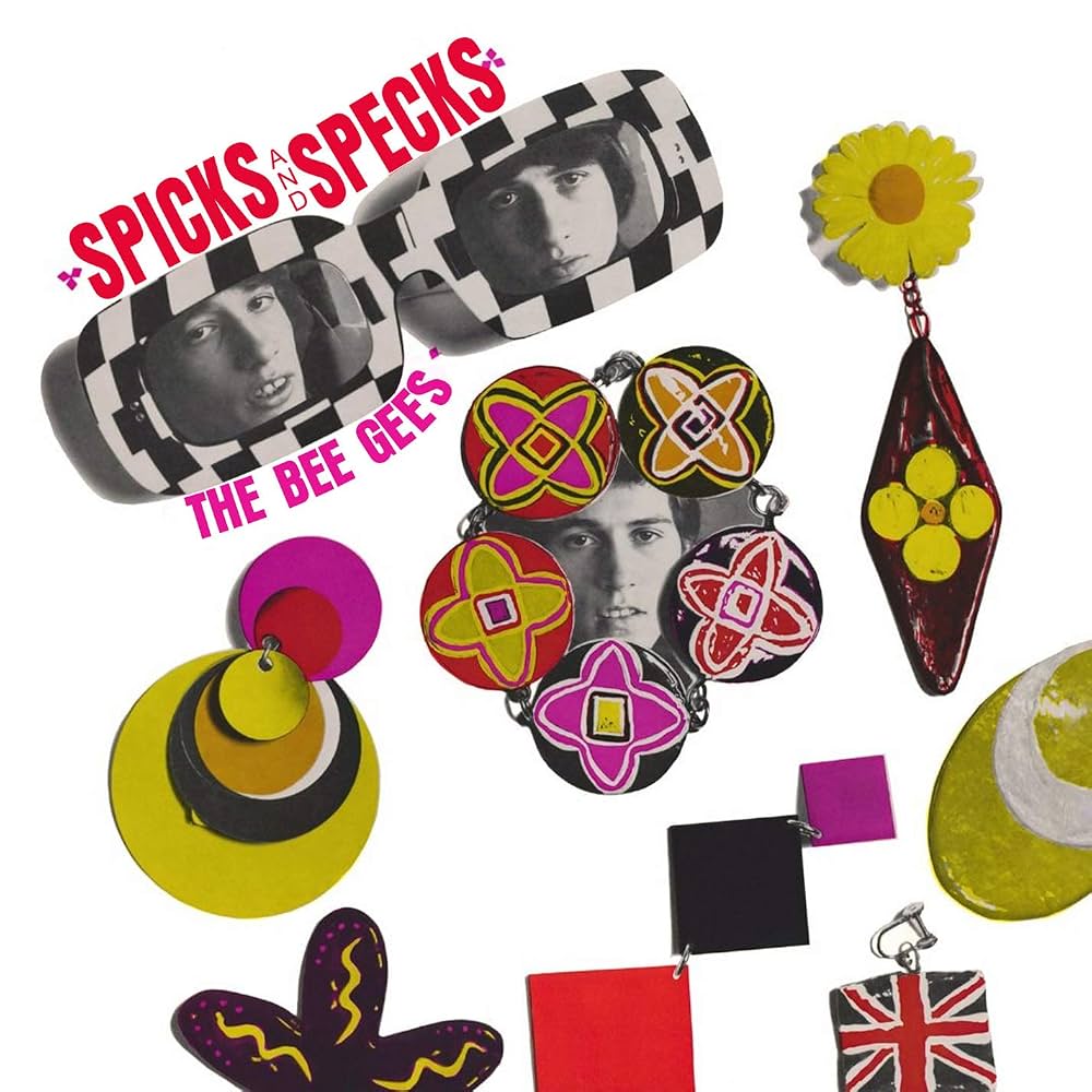 The faces of the Bee Gees appear amid a collection of strange shapes