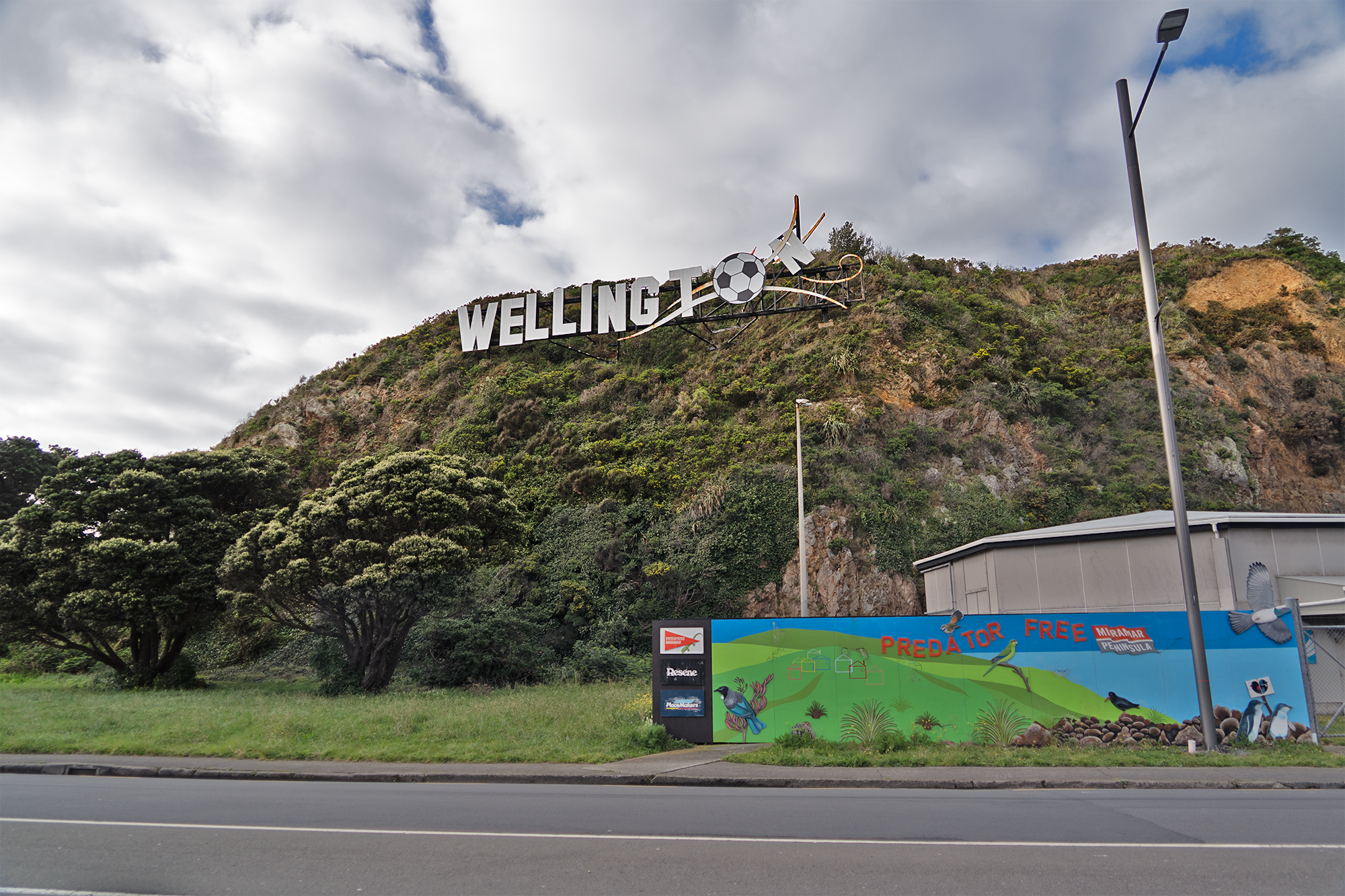 A hillside and sign in Wellington.