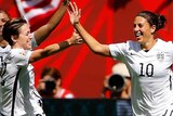USA celebrates Carli Lloyd goal against Japan