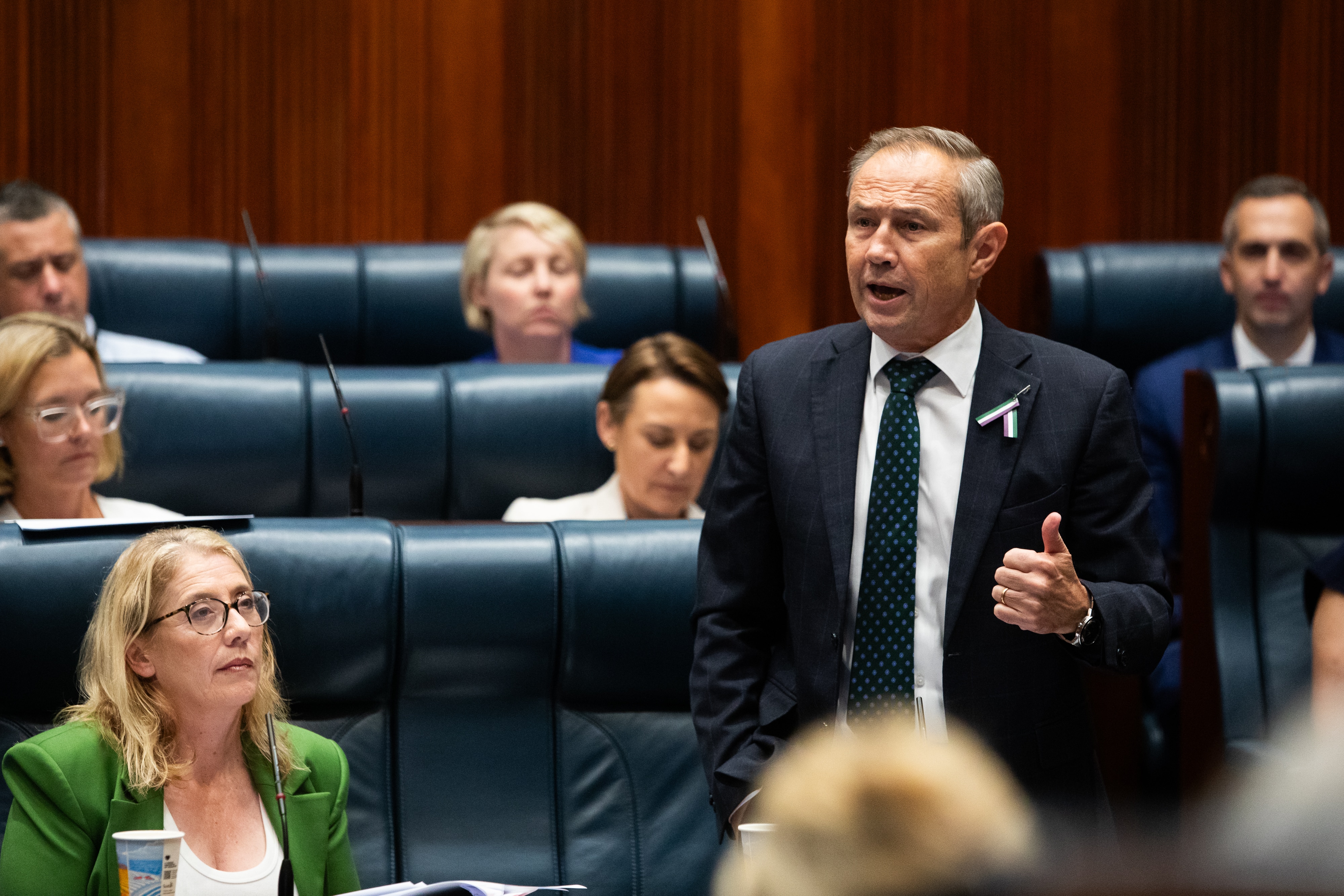 Roger Cook standing and gesturing while speaking in Parliament.