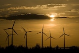 The sun sets behind power-generating windmill turbines