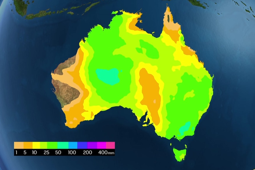 A brightly coloured map of Australia showing the rainfall forecast.