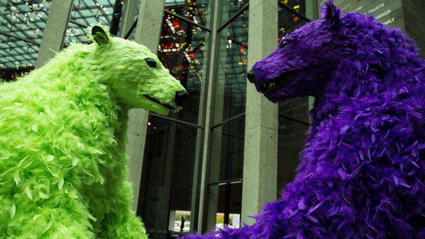 Two neon feathered bears, one green and one purple, face each other.