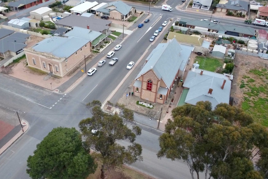 Still photo from drone above Kadina's Christ Church in South Australia.