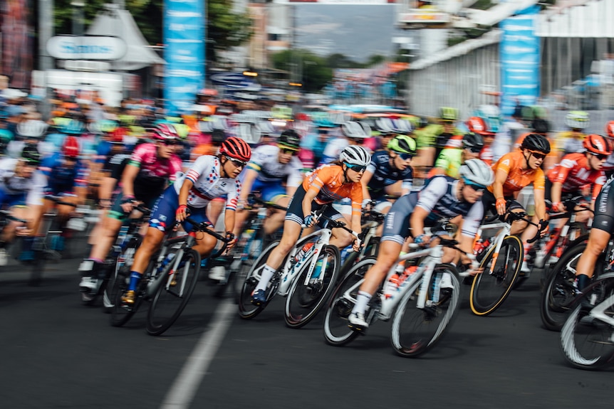 A pack of cyclists racing in the Santos Tour Down Under in Adelaide.