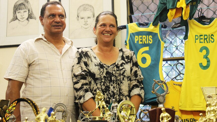 David and Tracey Peris with Brooke's trophy collection at the family home in Darwin.