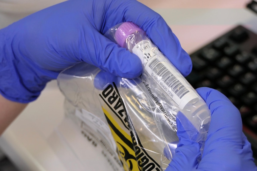 A close-up photograph of gloved hands holding a biohazard bag with a COVID-19 swab inside.