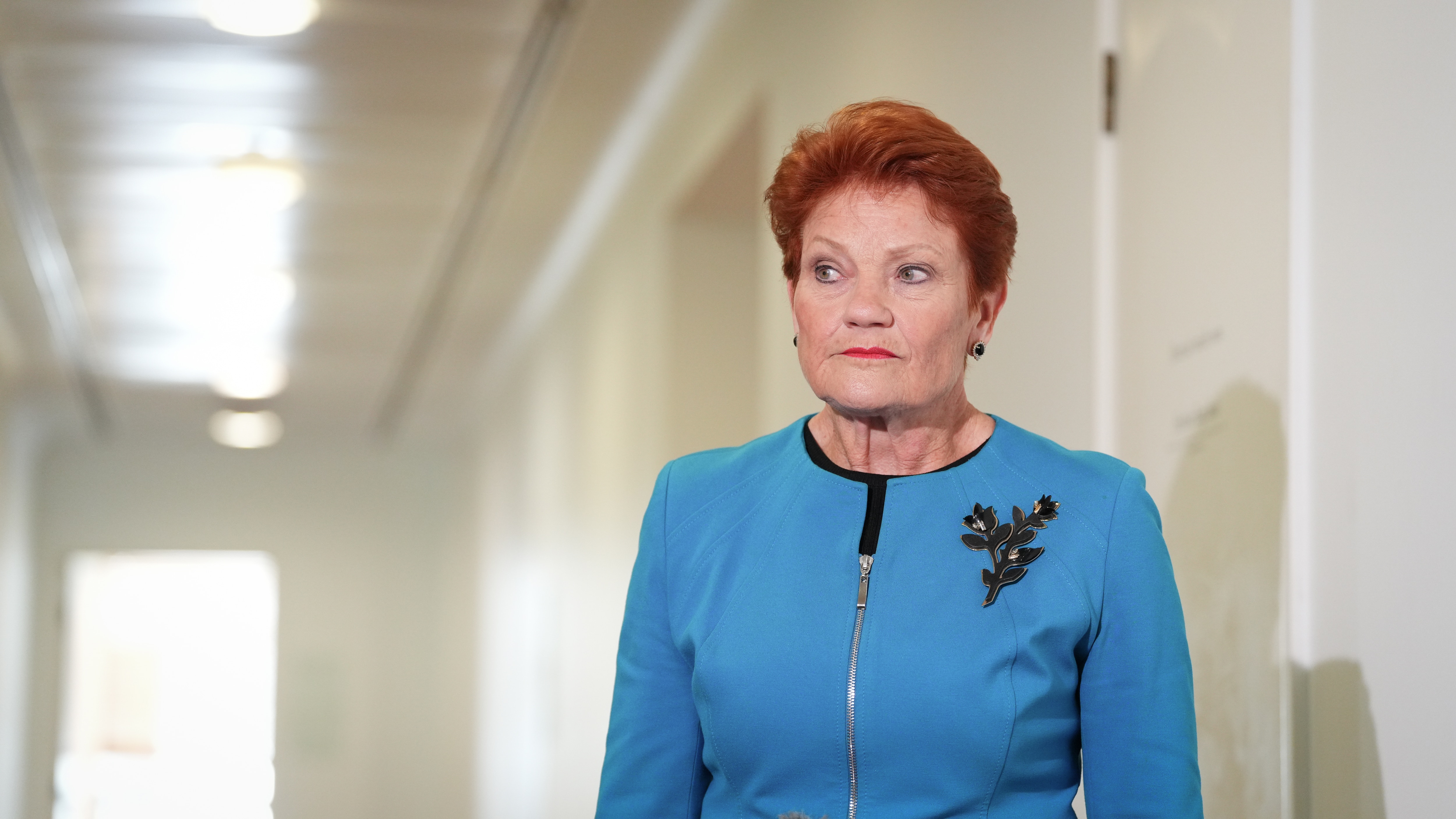 Pauline Hanson looks to the side seriously.