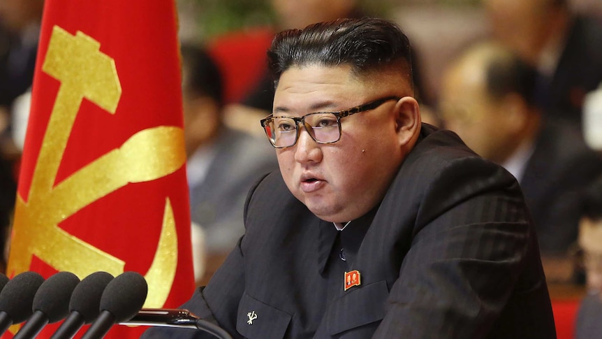 North Korean leader Kim Jong Un sits in front of a row of microphones and next to a North Korean flag.