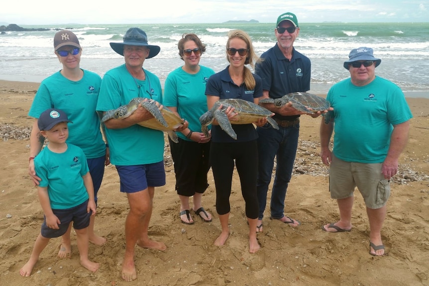 Volunteers in greenish, blue shirts holding three green sea turtles, standing on the beach, ocean in the background.