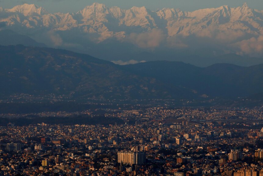 Drone shot revealing landscape of Kathmandu Valley.