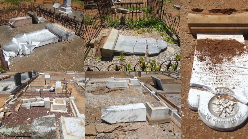 Several of the headstones destroyed by vandals.