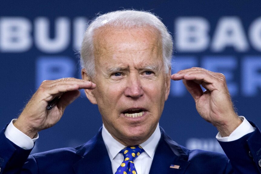 Democratic presidential candidate former Vice President Joe Biden gestures as he makes a speech.