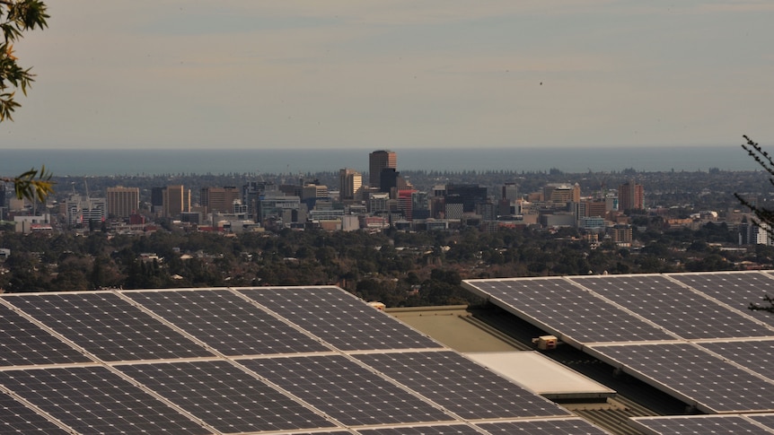 Solar panels on a roof overlooking Adelaide.