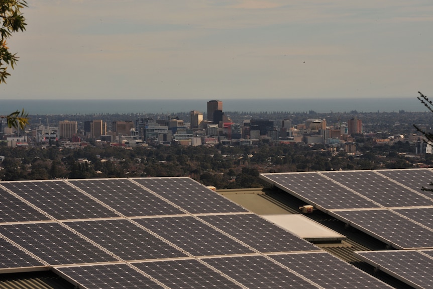 Sonnenkollektoren auf einem Dach mit Blick auf Adelaide.
