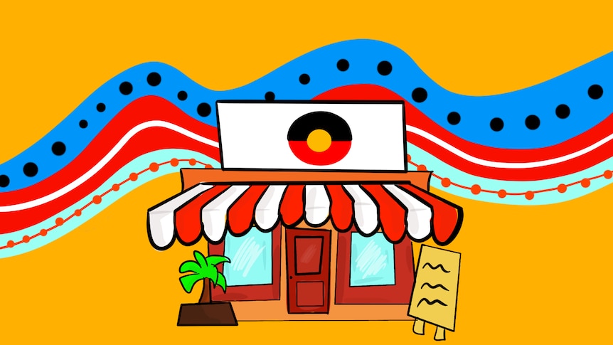 An illustrated shop front with an Aboriginal flag symbol on top of it