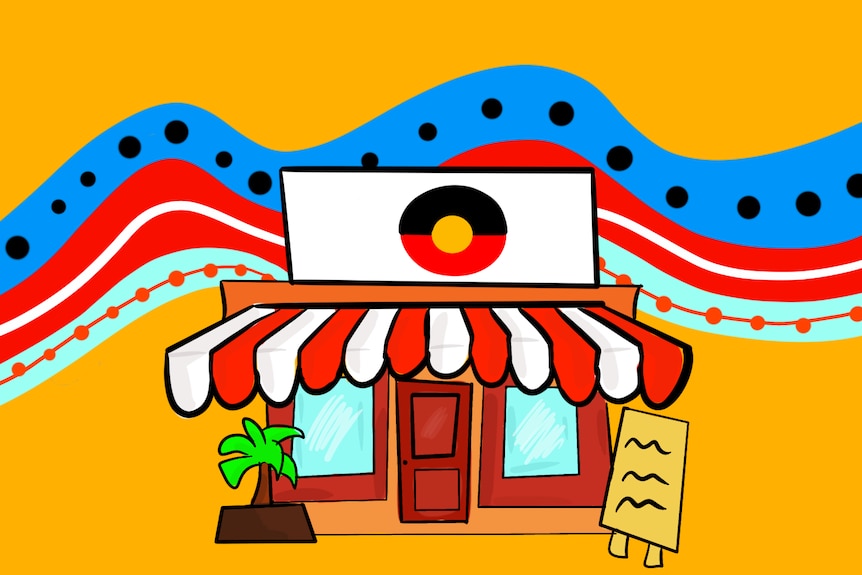 An illustrated shop front with an Aboriginal flag symbol on top of it