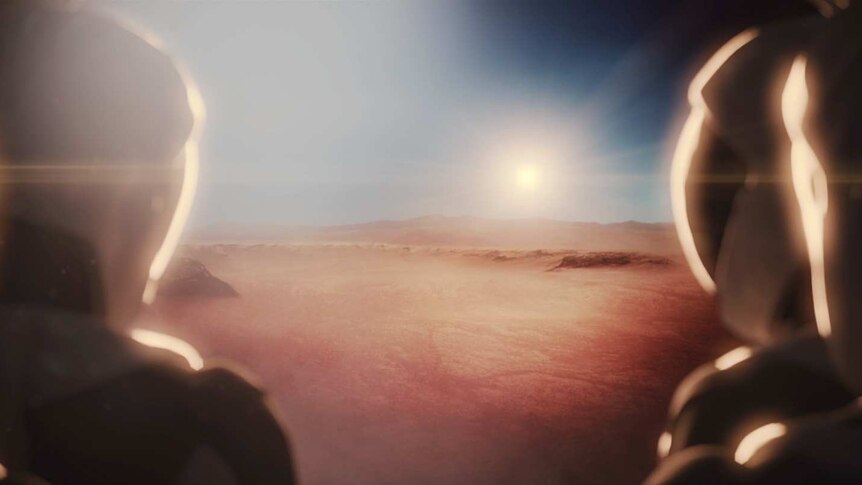 An artist's impression of people arriving on Mars from SpaceX's interplanetary transport system.