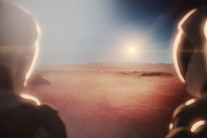 An artist's impression of people arriving on Mars from SpaceX's interplanetary transport system.