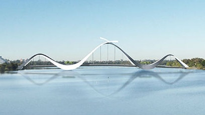 The bridge looks like a big white squiggle stretching over the water.