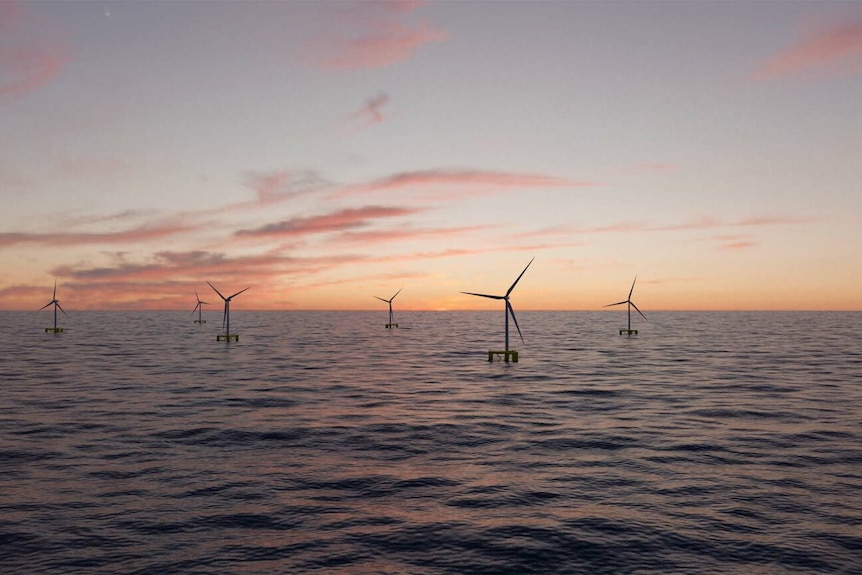 Offshore floating wind turbines sit on the horizon.