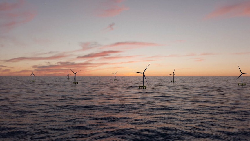 Offshore floating wind turbines sit on the horizon
