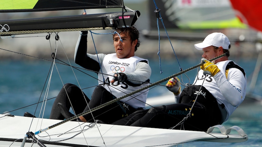 Nathan Outteridge and Iain Jensen racing in the 49er class at the London 2012 Olympic Games.